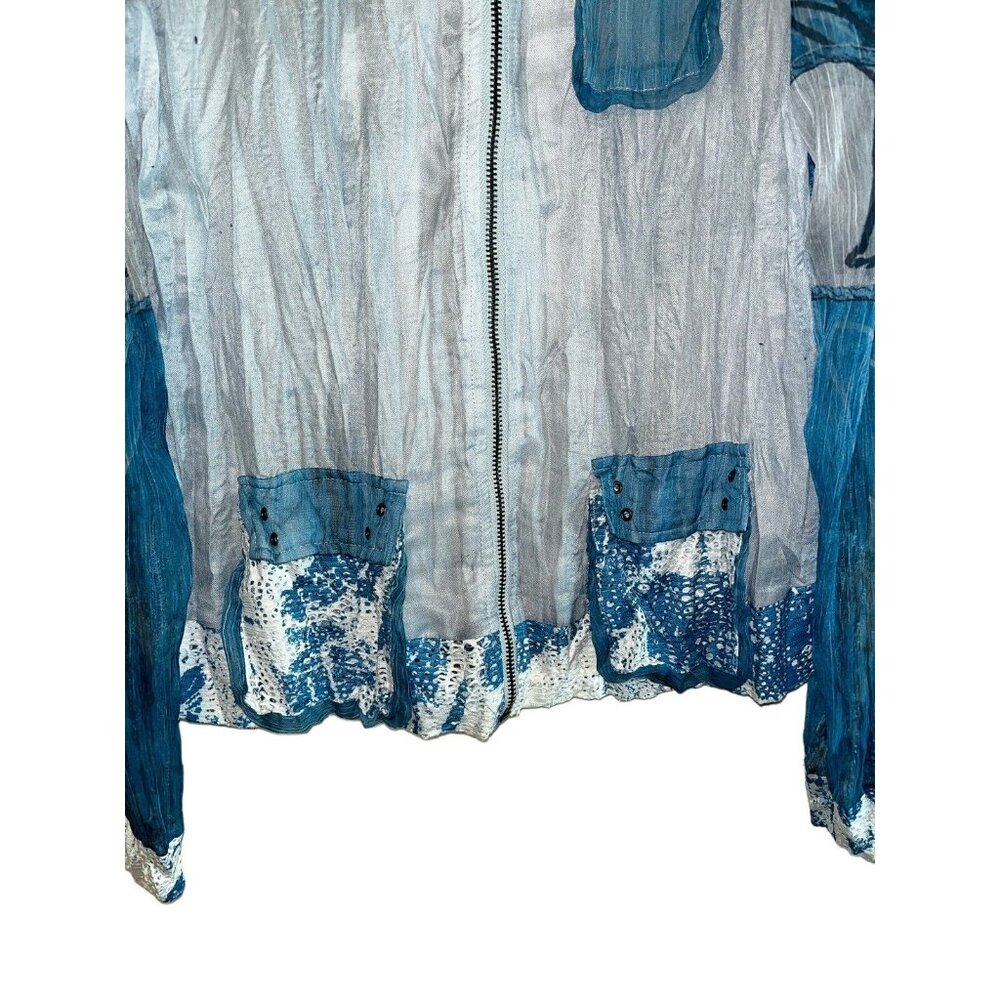 Blue White Gauze Cativa XL Women's Zip Up Mesh Inset Grommet LS Beachy Top - Picture 5 of 8